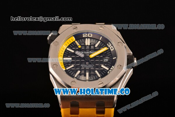 Audemars Piguet Royal Oak Offshore Diver Asia Automatic Steel Case with Black Dial Yellow Rubber Strap and White Stick Markers (EF) - Click Image to Close